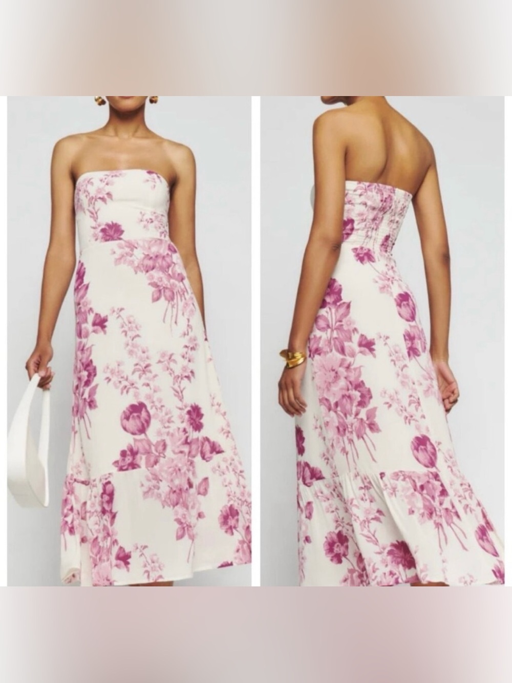 Reformation Romantic Arista Pink Floral Crista Ruffle Strapless Midi Dress (XS)